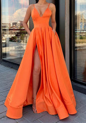 A-line V Neck Sleeveless Sweep Train Satin Prom Dress-27dress