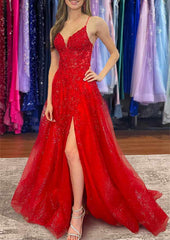 A-line V Neck Sleeveless Sweep Train Tulle Prom Dress with Appliqued Beading Split Glitter-27dress