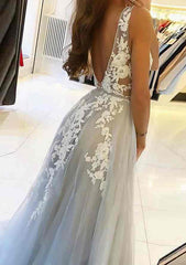 A-line V Neck Sleeveless Sweep Train Tulle Prom Dress With Beading Lace-27dress