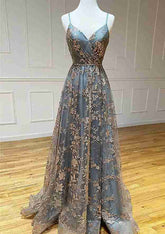 A-line V Neck Sleeveless Sweep Train Tulle Satin Prom Dress With Appliqued Split-27dress
