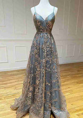 A-line V Neck Sleeveless Sweep Train Tulle Satin Prom Dress With Appliqued Split-27dress