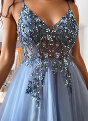 A-Line V-Neck Sleeveless Tulle Floor-Length Prom Dress With Beading-27dress