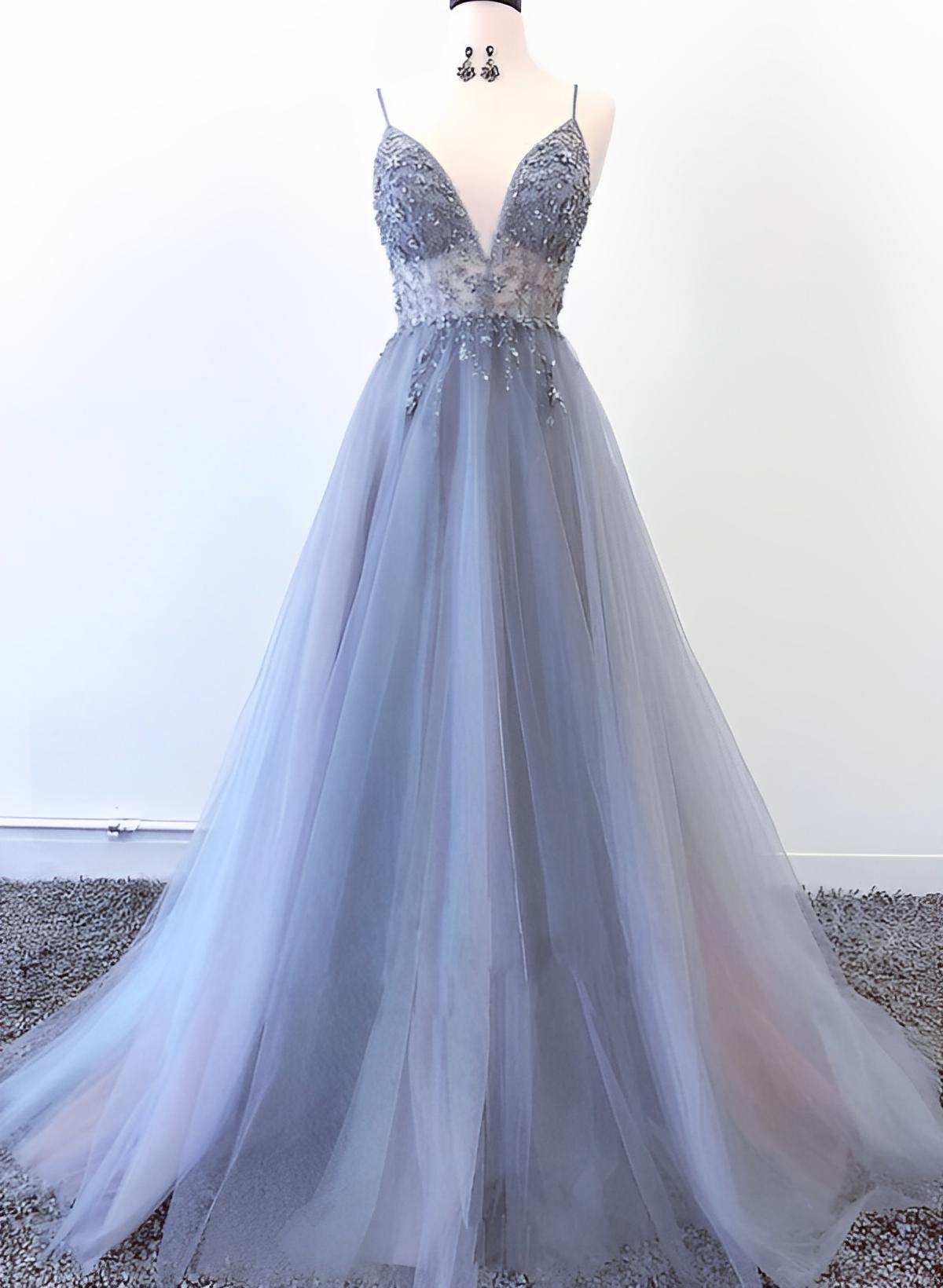 A-Line V-Neck Sleeveless Tulle Floor-Length Prom Dress With Beading-27dress