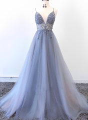 A-Line V-Neck Sleeveless Tulle Floor-Length Prom Dress With Beading-27dress