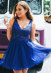 A-line V Neck Sleeveless Tulle Homecoming Dress with Beading Lace Appliqued-27dress