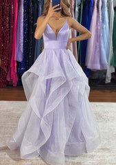 A-line V Neck Sleeveless Tulle Long Prom Dress with Ruffles Glitter-27dress