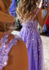 A-line V Neck Sleeveless Tulle Prom Dress with Appliqued Beading - Long/Floor-Length-27dress