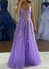 A-line V Neck Sleeveless Tulle Prom Dress with Appliqued Beading - Long/Floor-Length-27dress