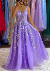A-line V Neck Sleeveless Tulle Prom Dress with Appliqued Beading - Long/Floor-Length-27dress