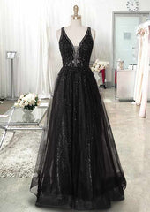 A-line V Neck Sleeveless Tulle Prom Dress with Beading Appliqued for Long/Floor-Length Look-27dress