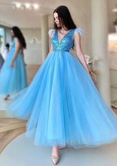 A-line V Neck Sleeveless Tulle Prom Dress With Sequins Feather-27dress