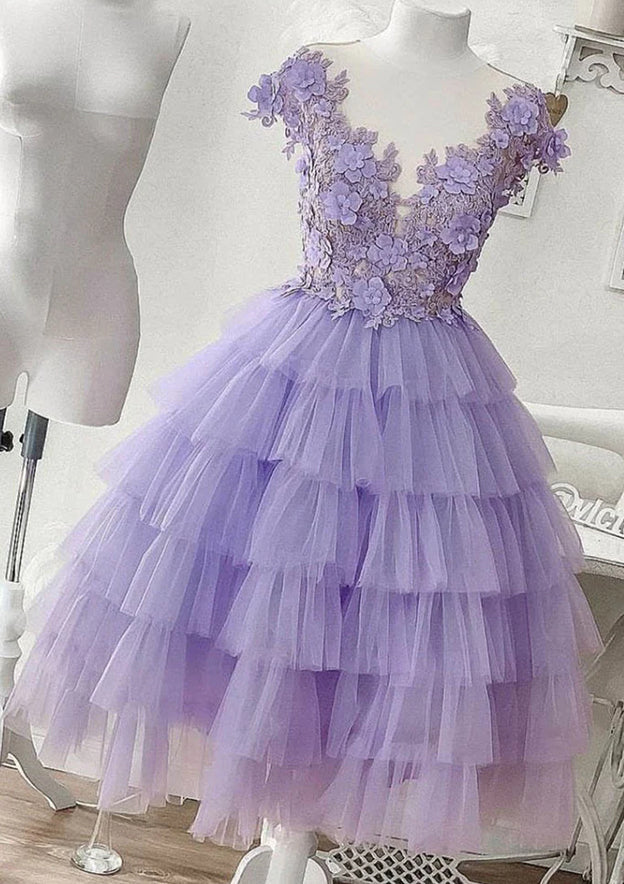 A-line V Neck Sleeveless Tulle Short Homecoming Dress with Applique-27dress