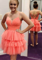 A-line V Neck Sleeveless Tulle Short/Mini Homecoming Dress With Pleated Ruffles-27dress