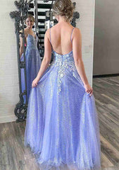 A-Line V-Neck Spaghetti Strap Glitter Tulle Prom Dress with Appliqued Pockets-27dress