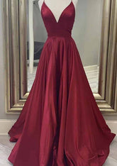 A-Line V-Neck Spaghetti Straps Charmeuse Prom Dress with Pockets-27dress