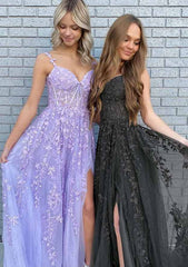 A-line V Neck Spaghetti Straps Long Lace Prom Dress With Split-27dress