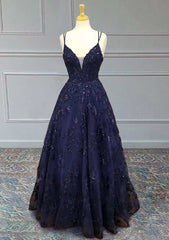 A-Line V Neck Spaghetti Straps Long Tulle Prom Dress with Appliqued Beading Sequins-27dress