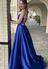 A-line V Neck Spaghetti Straps Prom Dress With Pockets - Charmeuse Sweep Train-27dress