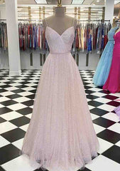 A-Line V Neck Spaghetti Straps Tulle Prom Dress With Beading Sequins-27dress