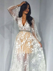 A-line V-neck Tulle Floor-length Wedding Dress With Beading