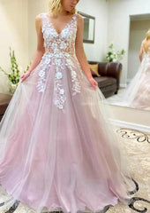 A-line V Neck Tulle Prom Dress with Appliqu¡§| - Long/Floor-Length-27dress