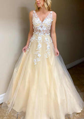 A-line V Neck Tulle Prom Dress with Appliqu¡§| - Long/Floor-Length-27dress