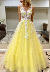 A-line V Neck Tulle Prom Dress with Appliqu¡§| - Long/Floor-Length-27dress