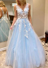 A-line V Neck Tulle Prom Dress with Appliqu¡§| - Long/Floor-Length-27dress