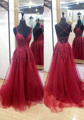 A-Line V Neck Tulle Prom Dress With Appliqued Lace and Chapel Train-27dress