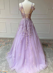A-Line V-Neck Tulle Spaghetti Straps Floor-Length Prom Dress-27dress