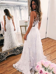 A-line V-neck Tulle Wedding Dresses With Appliques Lace and Sweep Train