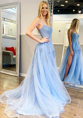 A-line/Princess Tulle Prom Dress with Split Lace Appliqued Sleeveless Sweep Train-27dress