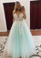 A-line/Princess V Neck Sleeveless Long/Floor-Length Tulle Prom Dress with Appliqu¡§|d-27dress