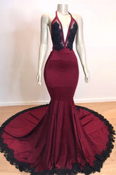 Burgundy Black V-Neck Mermaid Evening Dress Halter with Applique