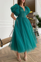 Dark Green V-Neck Short Sleeve A-Line Evening Dress On Sale