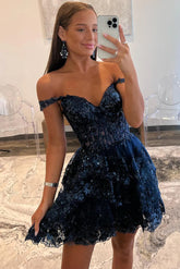 Sparkly Navy Corset Tiered Lace A-Line Short Homecoming Prom Dress
