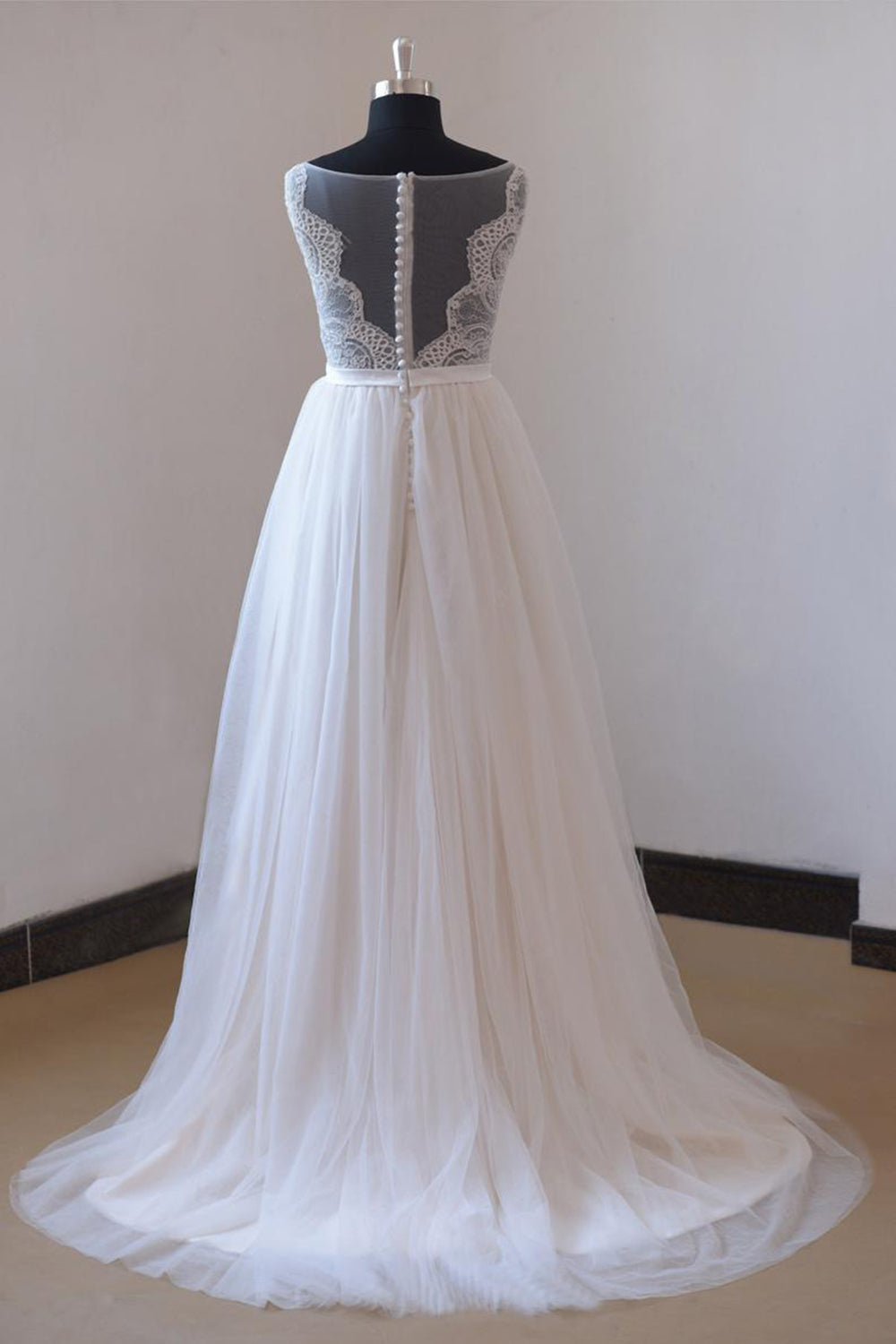 Affordable Appliques Tulle Sleeveless Wedding Dress White A-line Jewel Bridal Gowns On Sale-27dress