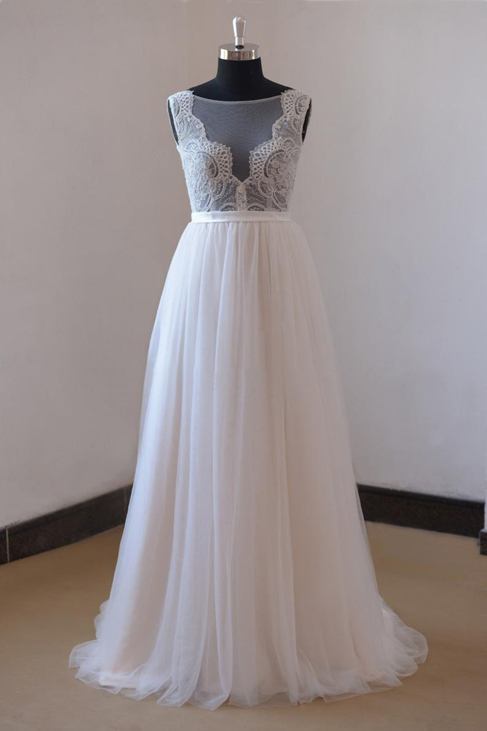 Affordable Appliques Tulle Sleeveless Wedding Dress White A-line Jewel Bridal Gowns On Sale-27dress