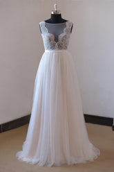 Affordable Appliques Tulle Sleeveless Wedding Dress White A-line Jewel Bridal Gowns On Sale-27dress