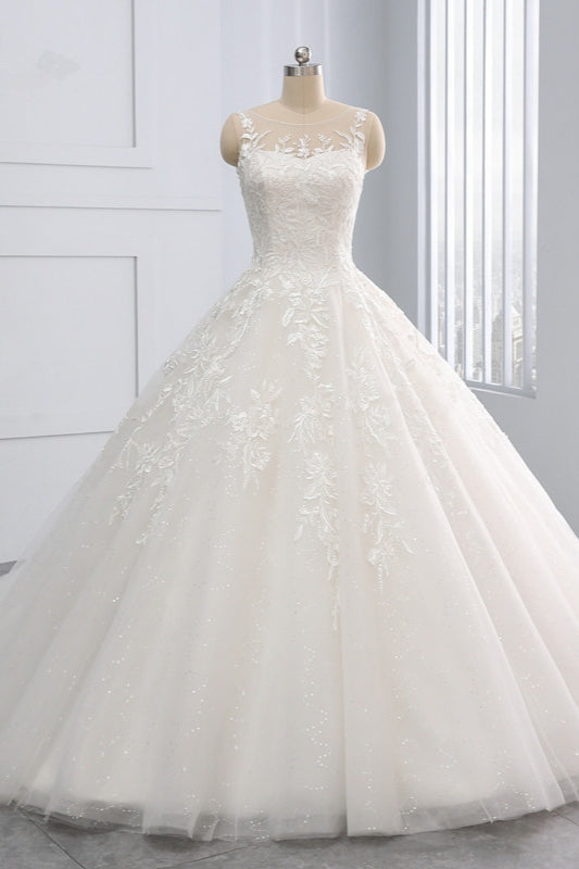 Affordable Ball Gown Jewel Tulle Lace Wedding Dress Ruffles Sleeveless Appliques Bridal Gowns Online-27dress