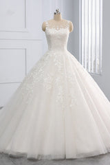 Affordable Ball Gown Jewel Tulle Lace Wedding Dress Ruffles Sleeveless Appliques Bridal Gowns Online-27dress
