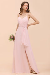 Affordable Blushing Pink Spaghetti Straps Ruffle Bridesmaid Dress-27dress
