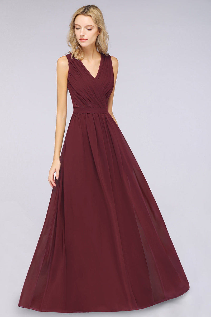 Burgundy V-Neck Lace Up Bridesmaid Dress With Slit