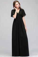Affordable Chiffon Black V-Neck Bridesmaid Dresses with Short-Sleeves-27dress