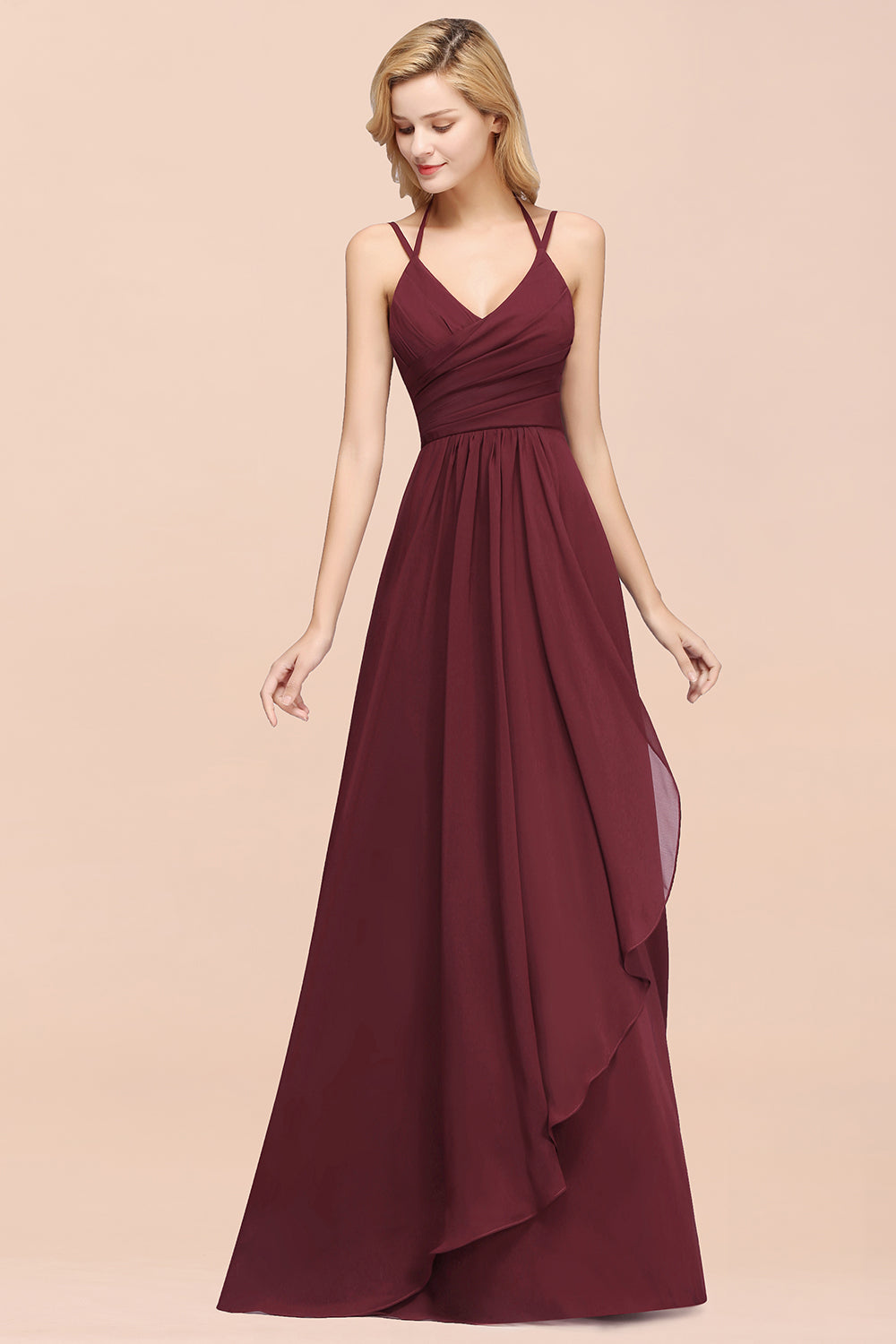 Affordable Chiffon Burgundy Bridesmaid Dress With Spaghetti Straps-27dress