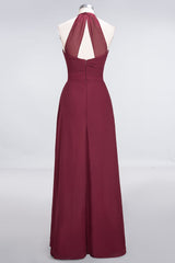 Affordable Chiffon Halter V-Neck Ruffle Burgundy Bridesmaid Dresses-27dress