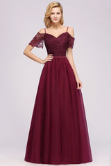 Affordable Chiffon Off-the-Shoulder Burgundy Lace Bridesmaid Dresses-27dress