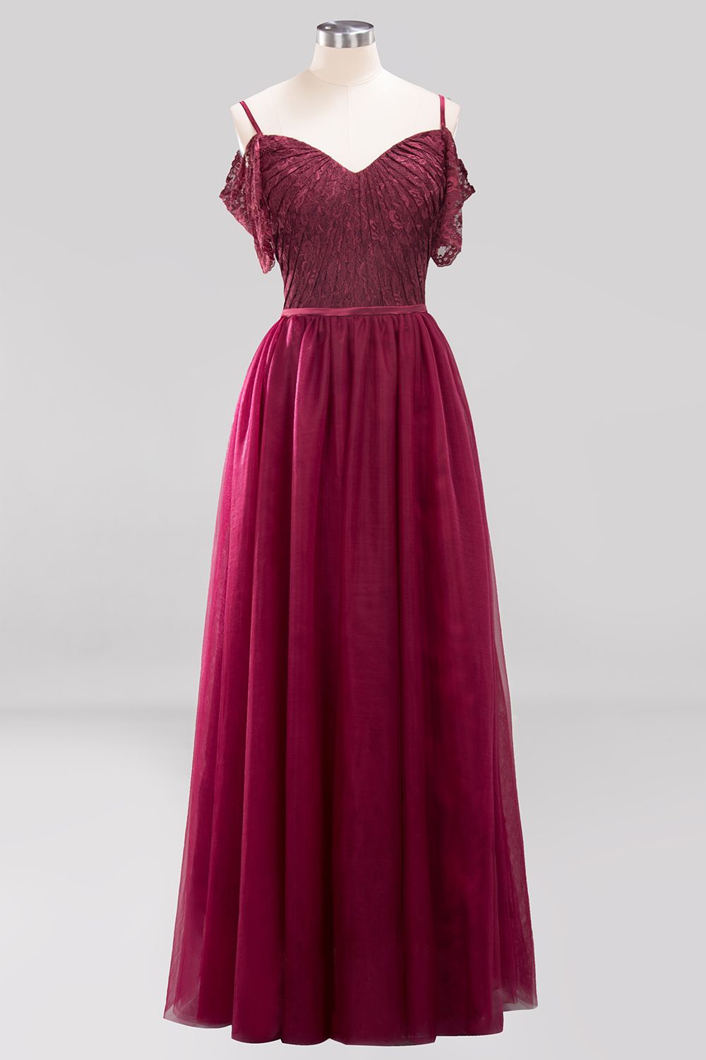 Affordable Chiffon Off-the-Shoulder Burgundy Lace Bridesmaid Dresses-27dress