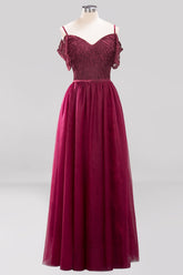 Affordable Chiffon Off-the-Shoulder Burgundy Lace Bridesmaid Dresses-27dress