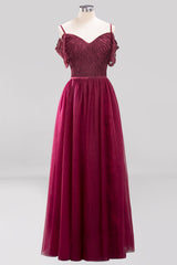 Affordable Chiffon Off-the-Shoulder Burgundy Lace Bridesmaid Dresses-27dress